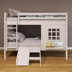 Beliche Infantil com Janela Escorregador e Cortina Madeira Maciça Branco Housin