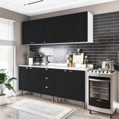 Cozinha Pérola com Rodapé 4 Peças Aéreos com 5 Portas, Balcão 2 Gavetas 3 Portas e Balcão 2 Portas Y Branco/Preto