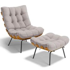 Poltrona Costela L02 com Puff Sala de Estar Linho Bege - Lyam Decor