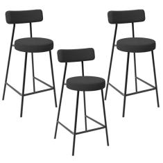 Kit 03 Banquetas Baixa Para Cozinha Sala De Jantar Bancada Milão L02 Bouclê Preto - Lyam Decor