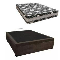 Cama Base Box Baú Casal Super Black Suede Marrom + Colchão Casal Super Black D33  28x138x188