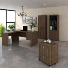 Conjunto Home Office 4 Peças 1 Escrivaninha em L 1 Gaveteiro 1 Armário 1 Estante Espresso Móveis Nogal