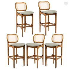 Kit 5 Banquetas Alta para Balcão Decor Madeira Imbuia Encosto Rattan Linho Verde L84 RMI