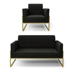 Sofá Namoradeira Com Poltrona Base Industrial Alta Dourado Marisa Suede D03 - D\`rossi Cor Preto