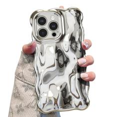 UEEBAI Capa Ripple para iPhone 13 Pro Max, linda capa prateada em forma de onda para iPhone, capa de telefone 3D bonita estética, capa de ondulação de água, design cromado 3D para mulheres e meninas,