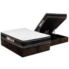 Cama Box Baú King: Colchão Espuma Castor D33 Black E White Air Euro Pillow + Base Brown(193X203)