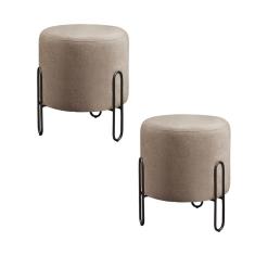Conjunto - 2 Puffs Banqueta Mali Luxo Base Metálica Preta Linho Cappuccino