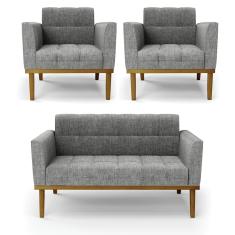 Sofá Namoradeira e 2 Poltronas Base Madeira Castanho Elisa Linho Grafite A26 D03 - D'Rossi