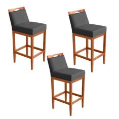 Kit 3 Banquetas Alta Lyara em Madeira Maciça com Encosto Estofada