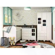 Quarto de Bebê Completo com Cômoda Guarda Roupa com Janela e Berço 100% MDF Uli Móveis Peroba Branco Brilho