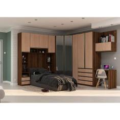 Guarda Roupa Solteiro de Canto Vidro Reflecta com Escrivaninha Nogueira Cumaru Prime Luciane Móveis