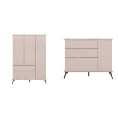 Conjunto Quarto Infantil com Guarda-roupa 3 Portas e Cômoda com Sapateira Melinda 100% Mdf Rosa
