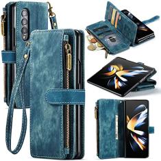 para Samsung Galaxy Z Fold 3/4 carteira, durável couro PU carteira magnética flip cordão alça de pulso com zíper caso titular do cartão, azul, para Galaxy Z Fold 4