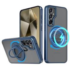 NKECXKJ Capa protetora projetada para Galaxy S24 Plus [compatível com MagSafe] Carregamento sem fio 360° Rotativo Invisível Kickstand Bumpers Capa protetora para Samsung S24+ Mulheres Homens Azul
