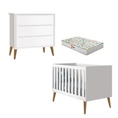 Berço Americano E Cômoda Gaveteiro Theo Branco Pés Amadeirados Com Colchão Gazin - Reller