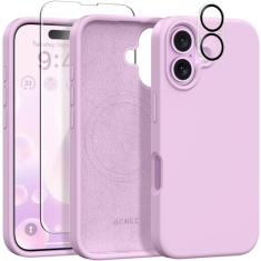 GONEZ Capa magnética para iPhone 16, compatível com MagSafe, [protetor de tela + protetor de lente da câmera], capa protetora de silicone à prova de choque antiarranhões de 6,1 polegadas, lilás claro