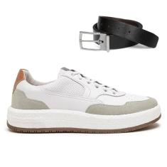 Tênis De Couro Democrata Masculino Denim Drake Pulse 600101 + Cinto Dupla Face