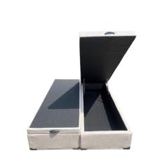 Cama Box Baú Queen Bipartido Blindado Linhão Bege Com Pistão A Gás