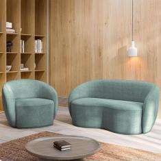 Conjunto 1 Sofá Living 160cm E 1 Poltrona íbis Encosto Fixo Bouclê Azul G33 - Gran Belo