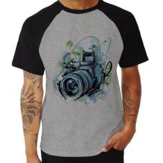 Camiseta Raglan Câmera Fotográfica - Foca na Moda, Cinza, Preto, GGG