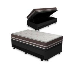 Cama Box Baú e Auxiliar Solteiro Preta + Colchão de Molas - Anjos - Cl