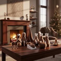 Presépio Natalino Completo 3D | Enfeites De Natal - 10 Peças | Vieco 3D (Marrom e Branco)