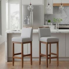 Kit 2 Banqueta Alta Para Cozinha De Madeira Maciça Estofada Com Encost