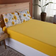 Lençol Casal Malha fio Penteado Algodão 3 Peças - Amarelo - 100% Algod
