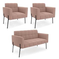 Namoradeira E 2 Poltronas Pé De Ferro Pto Elisa Bouclê Rosê D03 - D`rossi