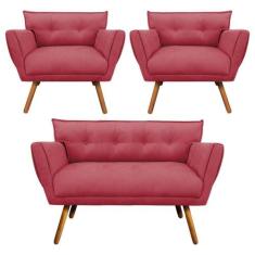 Kit 01 Namoradeira e 02 Poltronas Anitta Suede Pés Palito - DROSSI