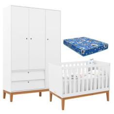 Berço Americano e Guarda Roupa Unique 3 Portas Branco Soft Eco Wood co