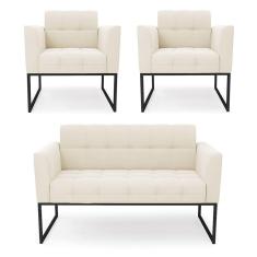 Kit 1 Sofá Namoradeira E 2 Poltronas Elisa Veludo Bege Base Metálica Industrial Preto - D`rossi