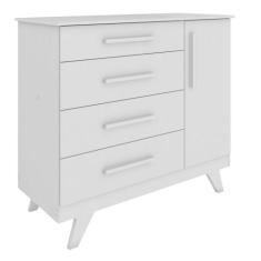Cômoda Retrô Lisa 4 Gavetas 1 Porta Móveis Peroba, Branco Brilho