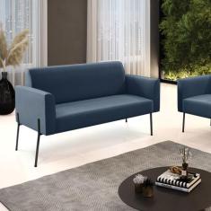 Sofá Namoradeira 2 Lugares Pé de Ferro Preto Marisa Suede Azul Marinho