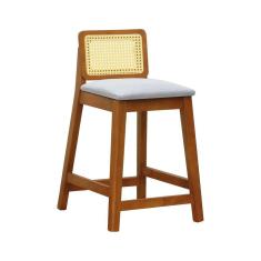 Banqueta Média Gabi Madeira Maciça Telinha Natural - Amêndoa Assento Estofado Linho Bege Mescla Impermeável