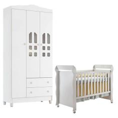 Berço Americano Mirelle e Guarda Roupa New Selena 3 Portas Branco Brilho - Carolina Móveis