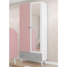 Guarda Roupa 100% Mdf com espelho, 2 ptas e 1 gav Doçura Multimóveis Bco/cza/ros