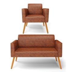 Sofá Namoradeira com Poltrona Pés Palito Castanho Marisa Corano Nozes 