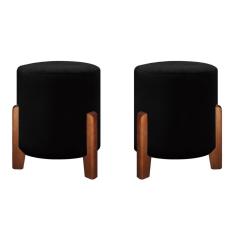 Kit 2 Puffs Banqueta Luna Pés De Madeira Maciça Veludo preto