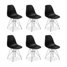 Conjunto 06 Cadeiras Charles Eames Eiffel Base Metal Design - Preta -