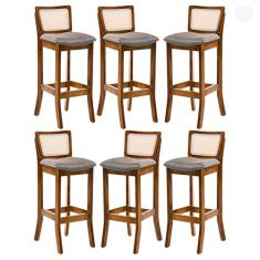 Rio Madeira, Kit 6 Banquetas Alta com Encosto Rattan Portugal Estofada Linho Cinza L55 RMI