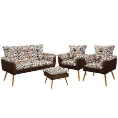 Namoradeira e 2 Poltronas Beta com Puff Lunar F-014 Sued Estampado Beg