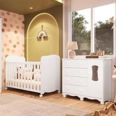Quarto de Bebê Cômoda com 1 Porta Janelada e Berço com Rodízios 100% Mdf Lana Espresso Móveis Branco Brilho
