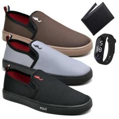 Kit 3 Pares Tênis Slip On Masculino Lona + Carteira + Relógio - Polo B