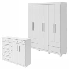 Conjunto de Guarda-roupa 6 Portas 4 Gavetas Zeus com Pése Cômoda 8 Gavetas 2 Portas Toronto Branco