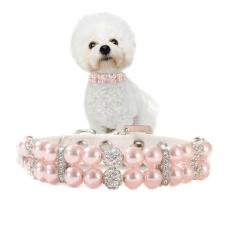Coleira para cães com pérola rosa, coleira de gato com pérola, couro sintético, para cães fêmeas com strass de cristal e diamante, joia para cães pequenos, médios, presente de casamento e aniversário,