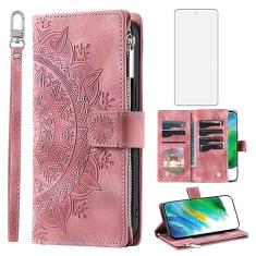 Asuwish Capa de telefone para Samsung Galaxy S21 FE 5G capa carteira com protetor de tela de vidro temperado mandala flor flip zíper titular cartão celular S 21 EF S21FE5G UW S21FE 21S G5 16.3 cm