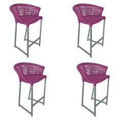 Kit 4 Banquetas Reis em Corda Náutica e Base em Alumínio Cinza para Área Gourmet - Externa Rosa