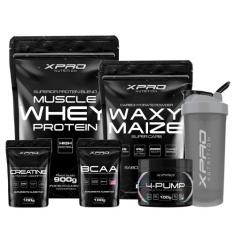 Kit Whey Muscle 900g+Waxy Maize 800g+4-Pump 100g+Creatina 100g+Bcaa 10