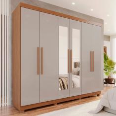 Guarda-roupa 6 Portas 4 Gavetas com Espelho com Pés New Malibu Espresso Móveis Cinamomo/Off White